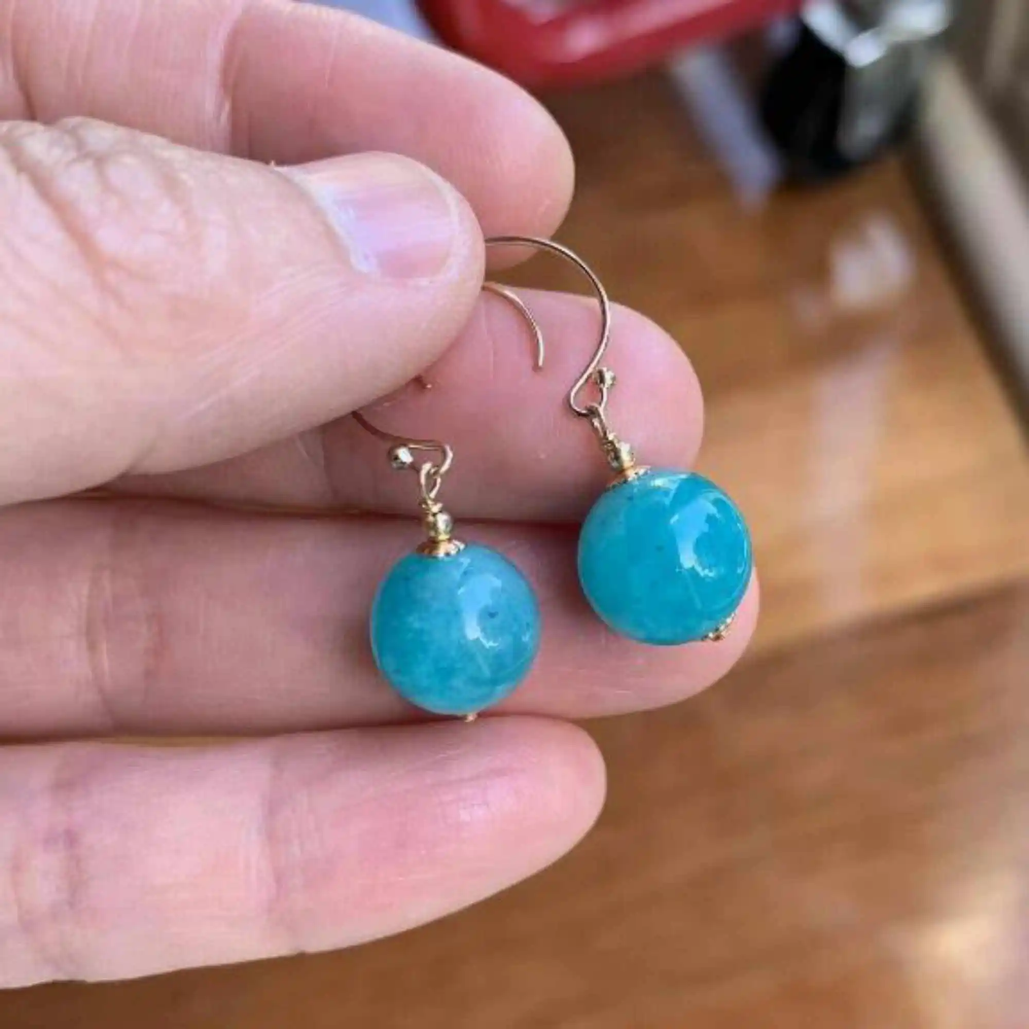 

10mm Natural blue round Amazonium beads 14K gold earrings Wedding Beautiful Diy Ear stud Classic Gift Mother's Day CARNIVAL