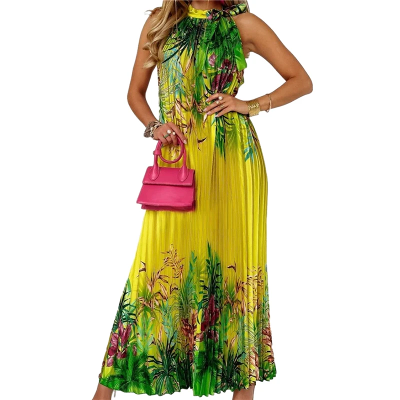 

Женское винтажное платье без рукавов, элегантное плиссированное платье с цветочным принтом, бретелькой через шею и оборками, летняя Клубная одежда для отпуска