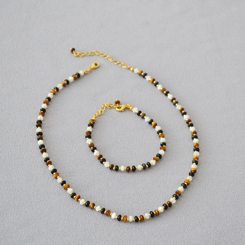 

Amaiyllis Minimalist Tiger's Eye Black Onyx Beads Elegant Vintage Boho Bracelet Clavicle Chain Necklace Jewelry