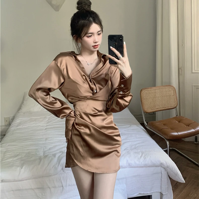 

Women'S Autumn Elegant Satin Shirt Dress Fashion Slim Long Sleeve Mini Dress Chic Irregular Office Ladies Vestido