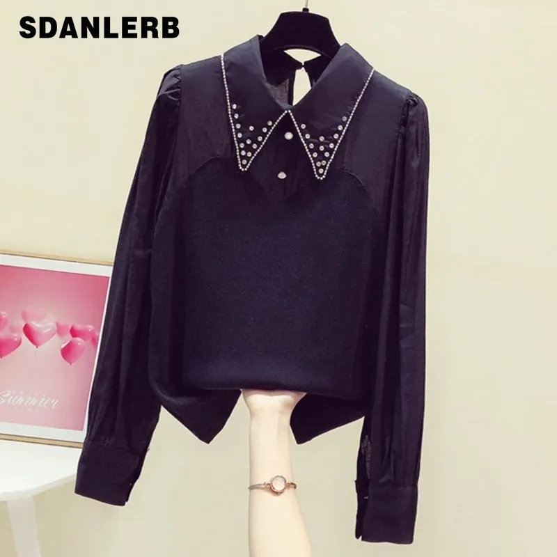 

2022 Spring New Fashion Tops Refined Rhinestone Lapel Patchwork Fake Two Pieces Shirts Women's Western Style Slimming Blouse