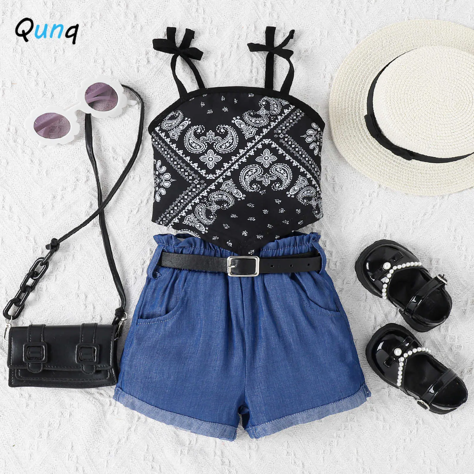 

Qunq 2023 Summer New Girls Fashion Print Suspender Vest Top + Denim Shorts And Belt 3 Pieces Set Casual Kids Clothes Age 3T-8T