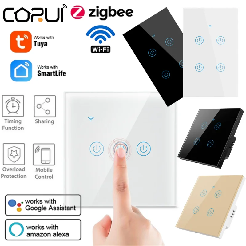 

CORUI Tuya WiFi ZigBee Smart Touch Switch EU US 1/2/3/4 Gang Light Wall Button Support Alexa Google Home Smart Life APP Control