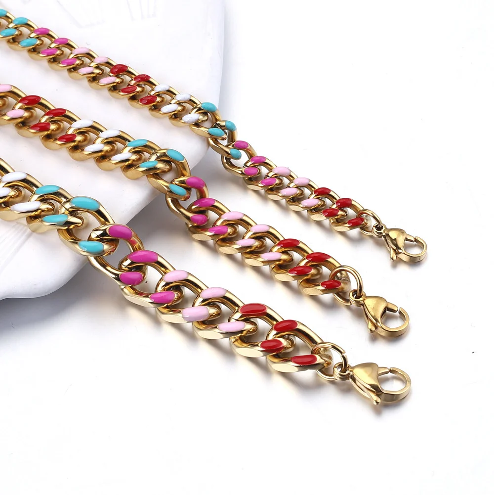 Multicolor Enamel Necklace Cuban Chain Bracelet for Men Women, Basic Punk Stainless Steel Curb Link Chain Chokers Morocco choker images - 6