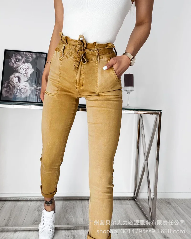 

Paper Bag Waist Pocket Detail Self Tie Skinny Pants Women Pencil Pants Sashes Drawstring High Waist Fashion Trousers Summer