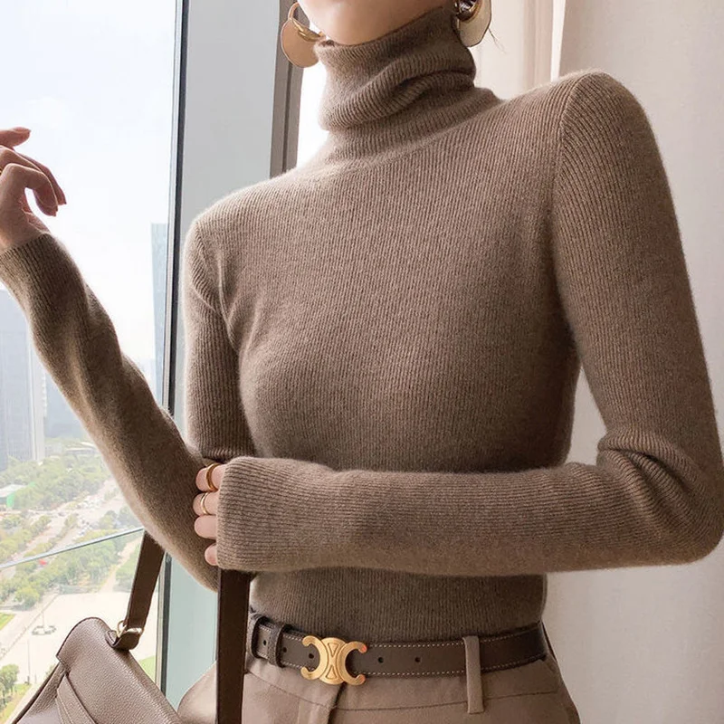 

Abrini Autumn Winter Women Turtleneck Knitted Sweater Long Sleeve Slim Fit Warm Casual Bottoming Solid Pullover Sweater