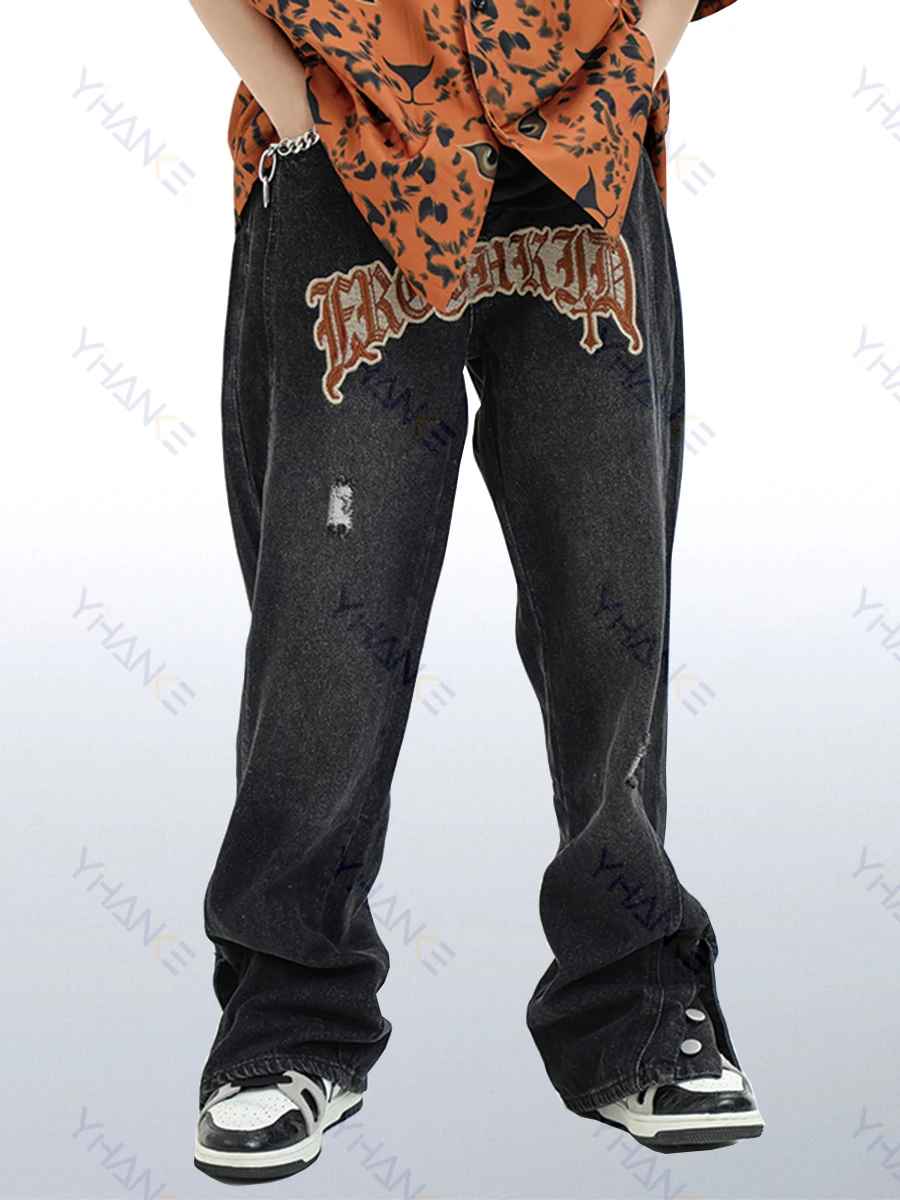 Fashion Brand Embroidered Letters Y2k Men Jeans Street Side Buttons Loose Wide Leg Long Pants Streetwear Men Jeans Pants