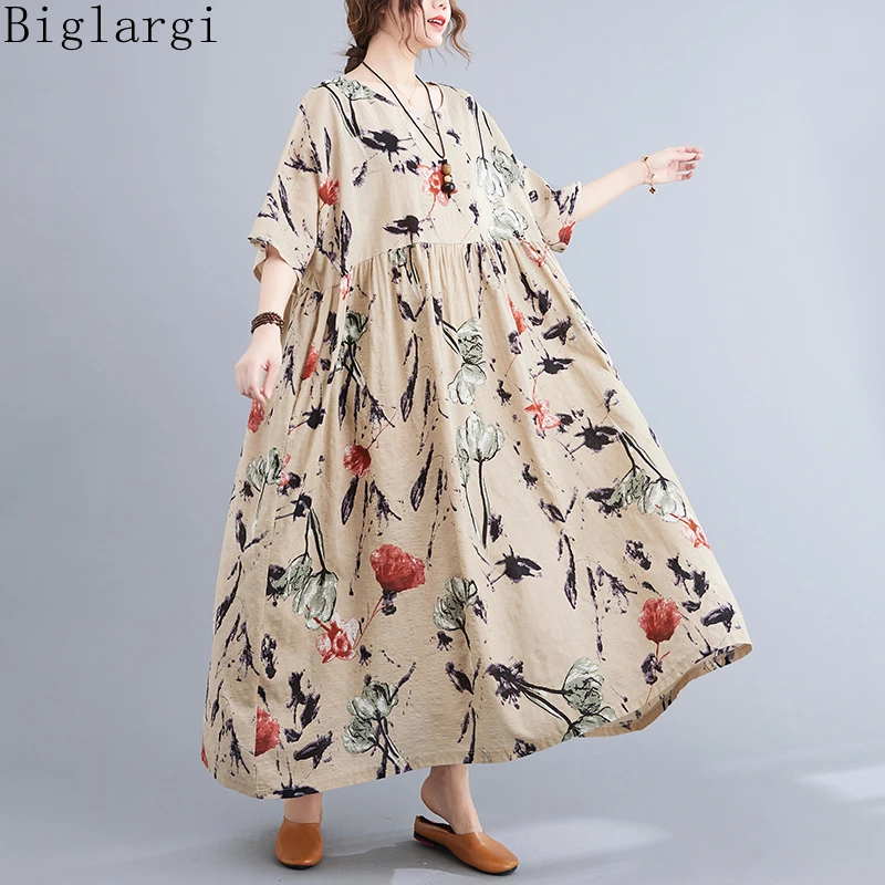 

Oversized Floral flower Dress women Summer large Size Beach Dress Largeose Casual Ladies Dresses Korean Cotton Woman Dress