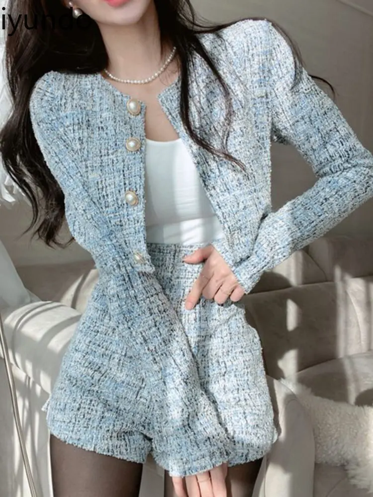 

Women 2023 New Warm Clothes Two-piece Set O-neck Pearl Single Breasted Short Coat High Waist Tweed Wide Leg Shorts For Women