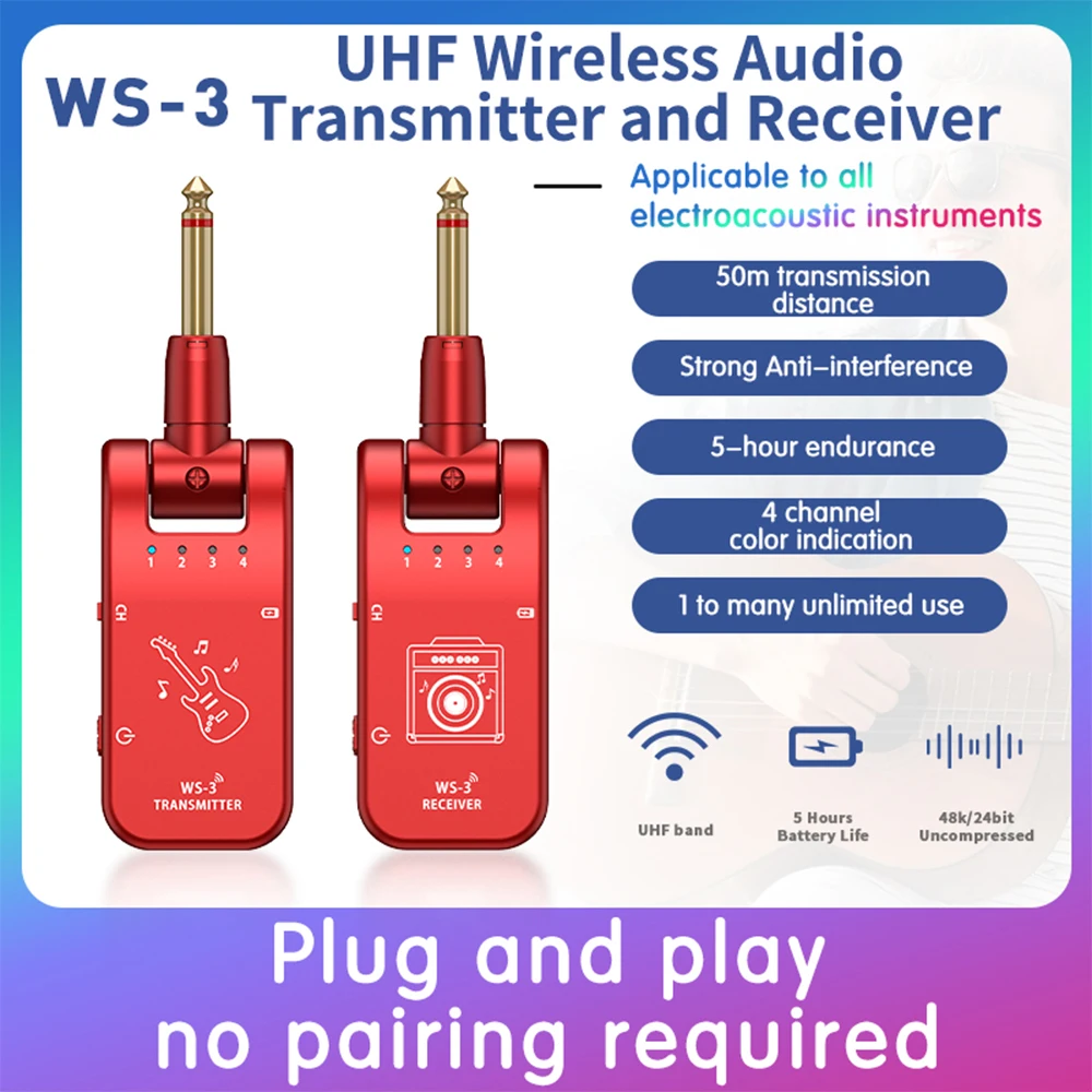 

UHF 4-канальный беспроводной передатчик и приемник гитарная Система 800 МГц-900 МГц 6,35 мм аудио интерфейс Электроинструмент система
