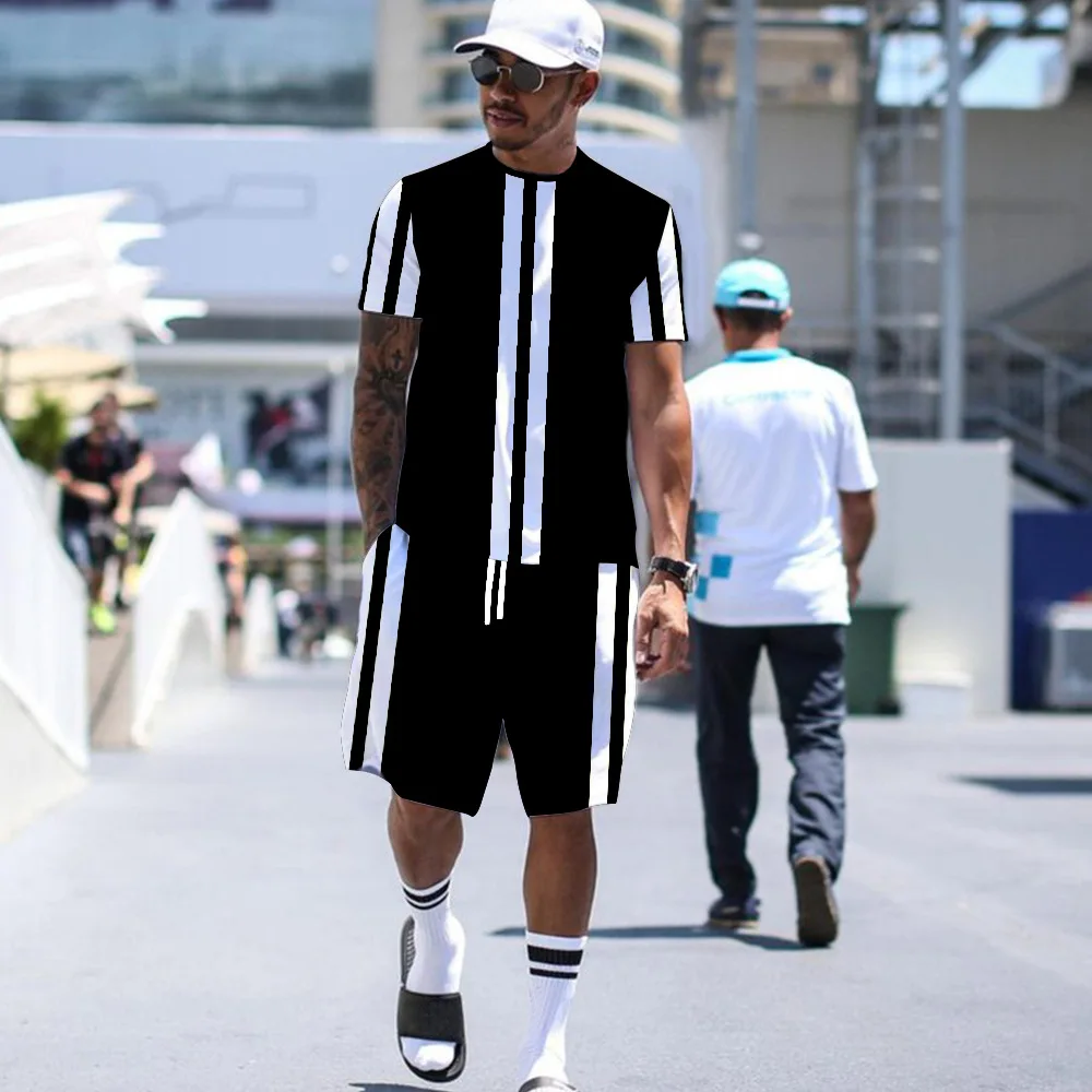 New Brand Men's 3D Printed Summer O Collar Sports Suit Oversized Popular Street Fashion Two-piece Breathable Short Sleeve Shorts