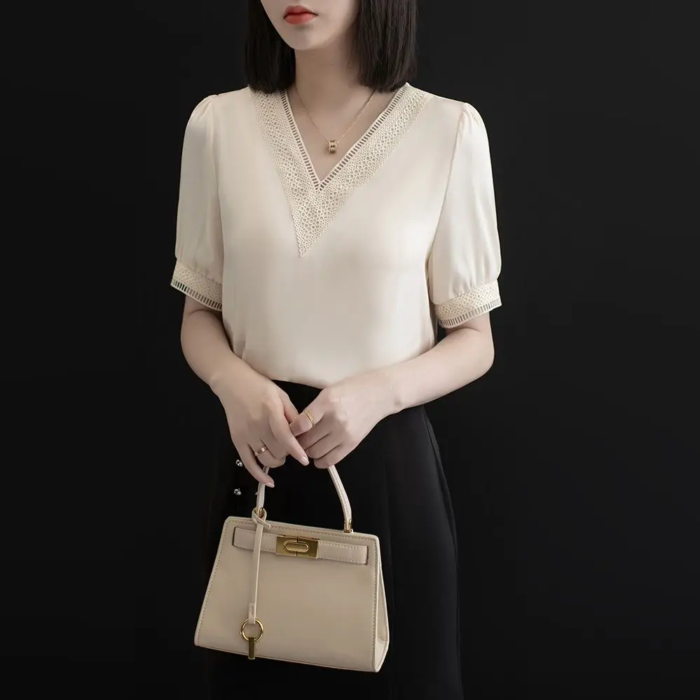 

Summer New Fashion Hollow V-neck Chiffon Shirt Women's Short Sleeve Blouse Top