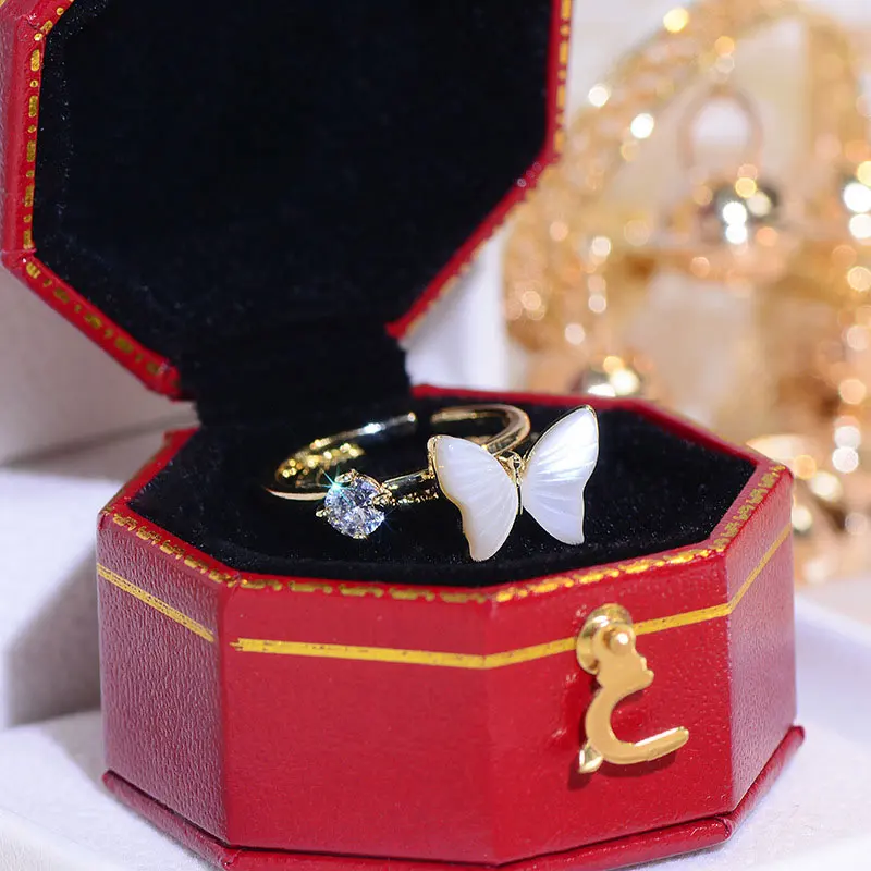 

2Pc/Set Engagement Rings for Women Korean Design Big Crystal Butterfly Rings AAA Quality 14K Real Bling Zirconia Charm Lady