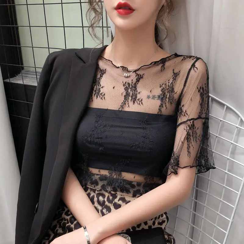 

See-through T-Shirts Women Lace Floral Embroidery Shirt Ladies Half Sleeves Tops Sexy Mesh Blouses Transparent Elegant T Shirts