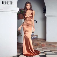 jeheth sexy brown soft satin mermaid prom dresses deep v neck long slim backless 2022 evening dress with train formal party gown