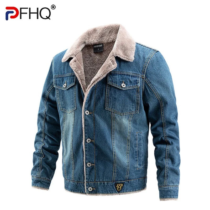 

PFHQ 2023 Autumn Winter Men's New Denim Jacket Aesthetic Plush Thickened Mature Male Casual Coat Fashion Luxury Clothes 21Q1767