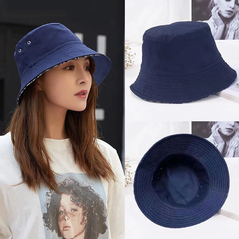 

2022 Fashion Summer Trend Navy Bule Reversible Bucket Hat Men's Women's Fisherman's Hat Cotton Bob Panama Beach Sun Hat YF0228