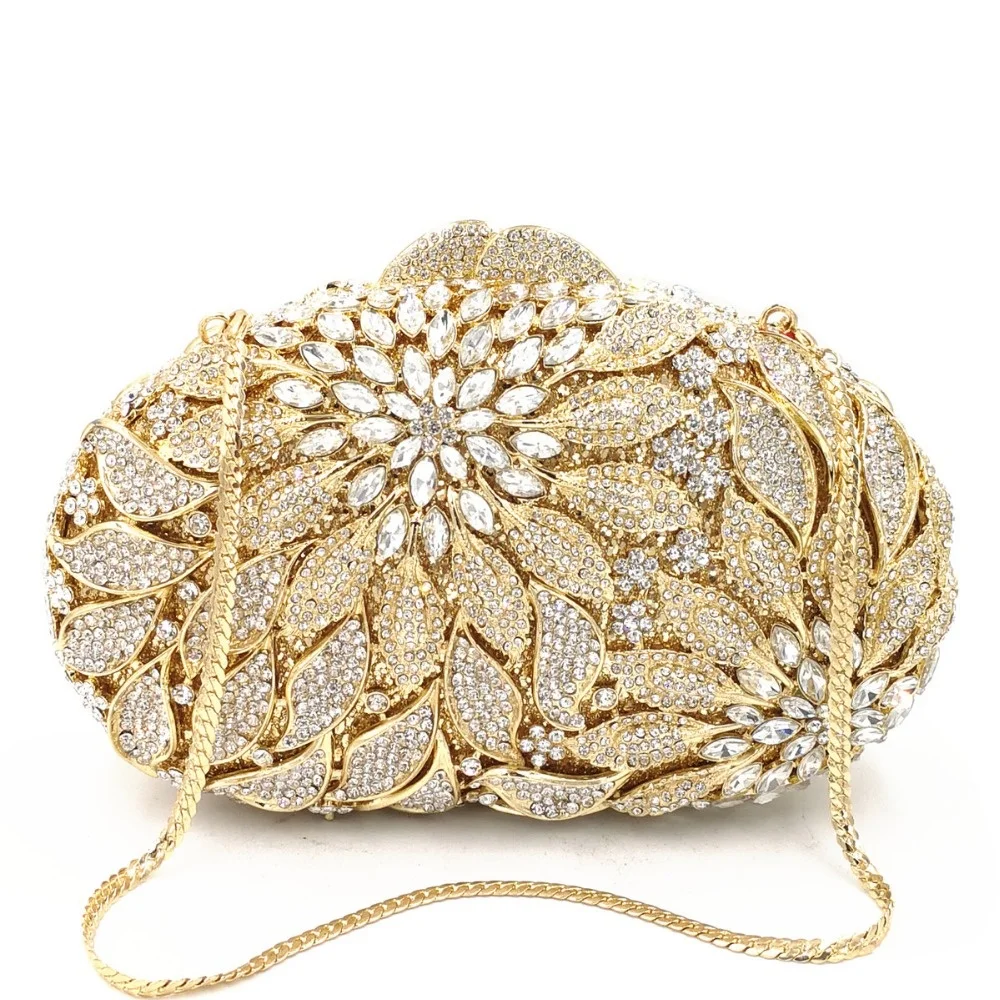 

Gold Metal Leaves White Crystals Evening Clutch Bags Luxury Women Wedding Party Purse Ball Handbags Rhinone Mini Minaudiere