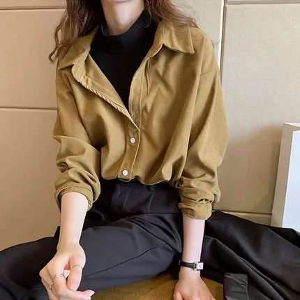 

Shirt women's round neck with medium length loose solid color and casual cotton