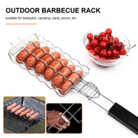barbecue grilling basket 6 hot dogs metal bbq sausage rack grill mesh clip wooden handle meat clip holder kitchen picnic tools