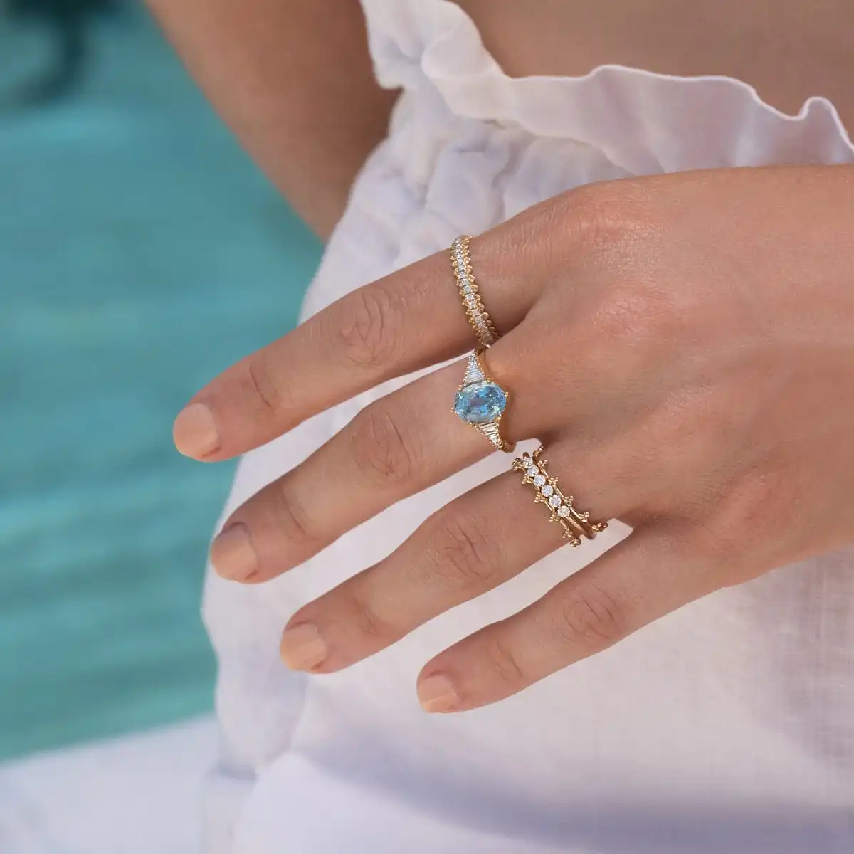 

Stunning S925 Sterling Silver Aquamarine Diamond Baguette Ring for Women