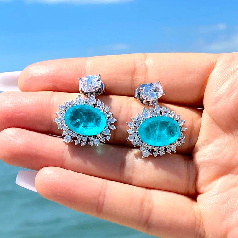 

PUNKI 2022 New Vintage Sea Blue Irregular Oval Flower Gem Stud Earrings for Woman Cocktail Dating Party Female Fashion Jewelry