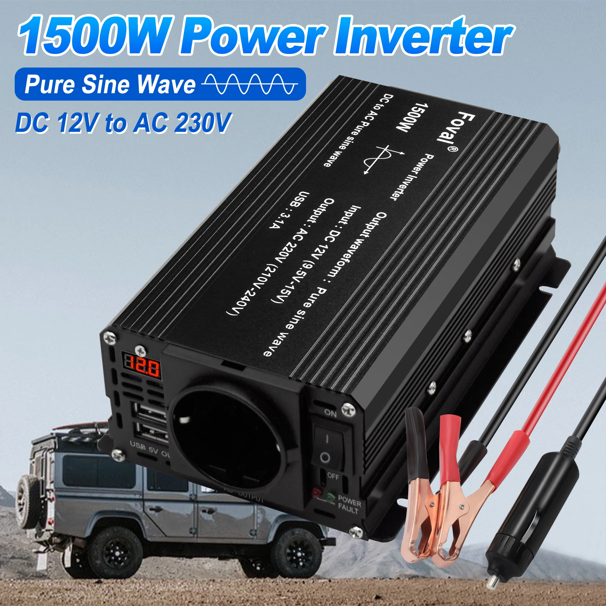 1500W 2200W Pure Sine Wave DC 12V TO AC 220V Peak Car EU Plug Inverter Adapter Power Converter with 3.1A Dual USB Charging
