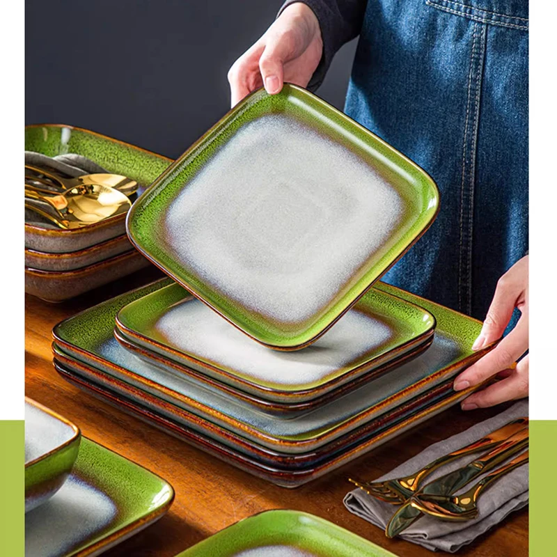 

Dishes melanin Dinner Set Green Square Kiln Change Glaze Tableware Kitchen Dinnerware Ceramic Crockery Set for 4 Person HY