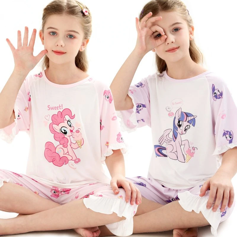 

My Little Pony Cartoon Twilight Sparkle Children's Summer Thin Pajamas Girls Home Set Ice Silk Modal Cute Pinkie Pie Homewear