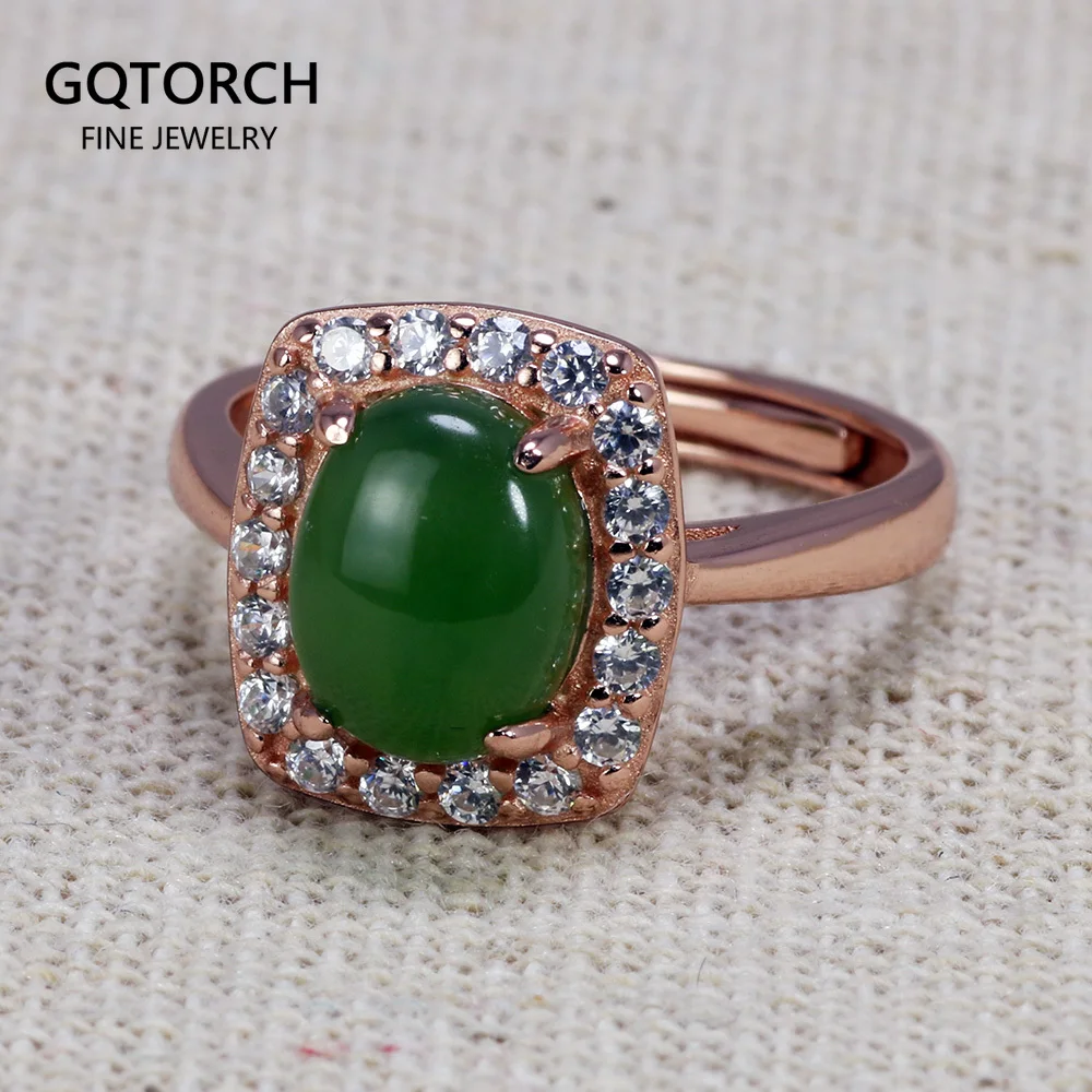 

925 Sterling Silver Rings for Women Oval Shape Rose Gold Plated Natural Green Jade Micro Paved Zircon Surround Opening Type