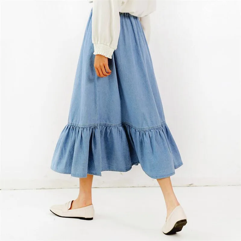 2022 Women Denims Long Skirts Elastic Waist Pleated Maxi Skirts Students Beach Vintage Summer Sweet Ruffles Skirt jeans