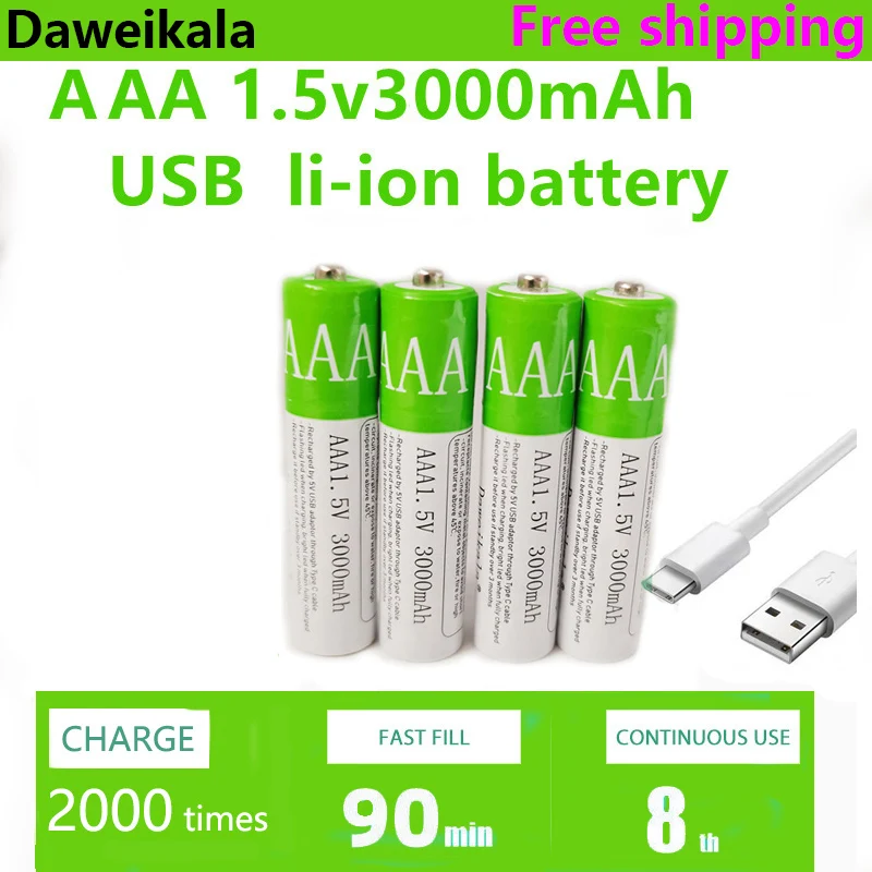 

New 2023 USB AAA Rechargeable Batteries 1.5V 3000MAh Li-ion Battery for Remote Control MouseElectric Toy Battery + Type-C Cable