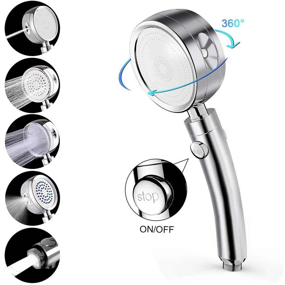 

Adjustable shower head, detachable filter with on / off pause switch, high pressure 5 function, hand-held shower head with hose,