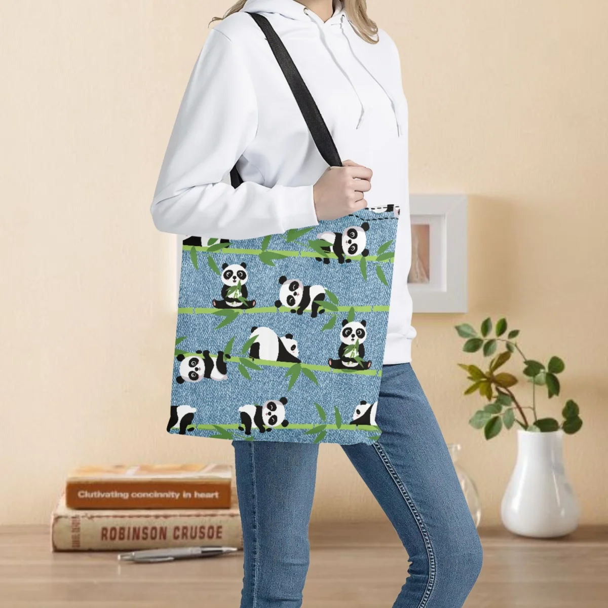 

Cute Animal Panda Design Shoulder Bag for Women Canvas Handbags Large Capacity Eco-friendly Mom Eco Grocery Totes Portable Bolsa