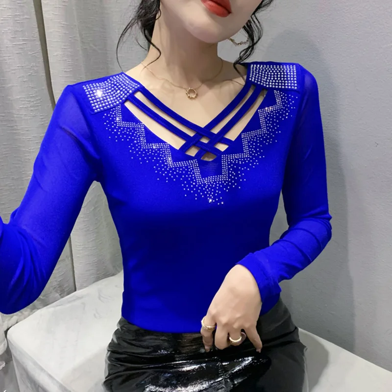 

New 2023 Autumn Women's T-Shirt Fashion Casual V-Neck Long Sleeved Hollow Out Hot Drilling Mesh Tops M-3XL Blusas