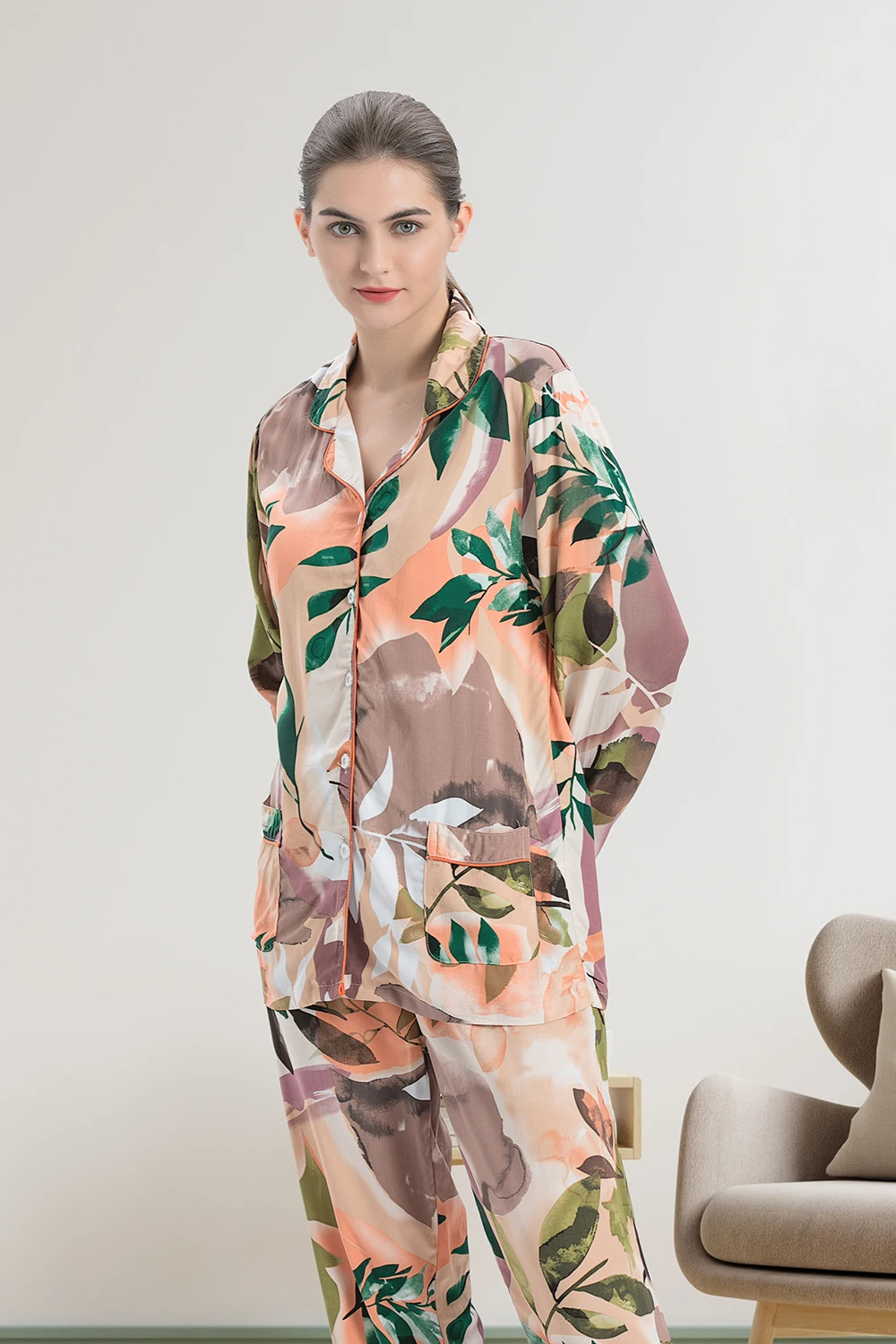 Women's Long-sleeved Trousers Pajamas Set Printed Spring Summer New Simple Style Home Service Female Suit