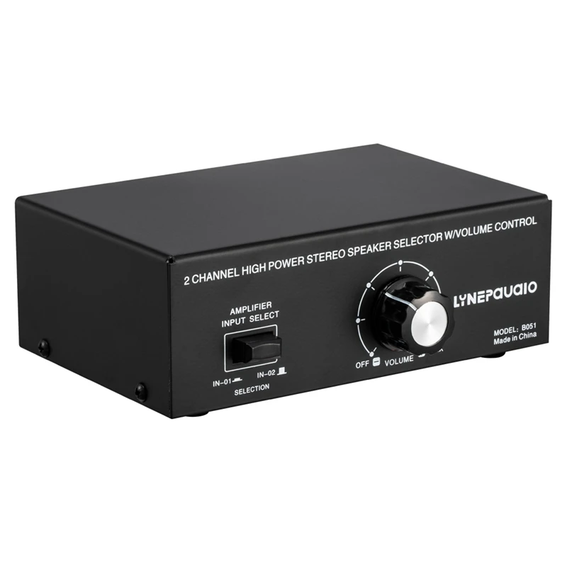 

LYNEPAUAIO 2CH High Power Stereo Speaker Selector with Volume Control 2 Input 1 Output Speaker Switcher Allocating Comparator