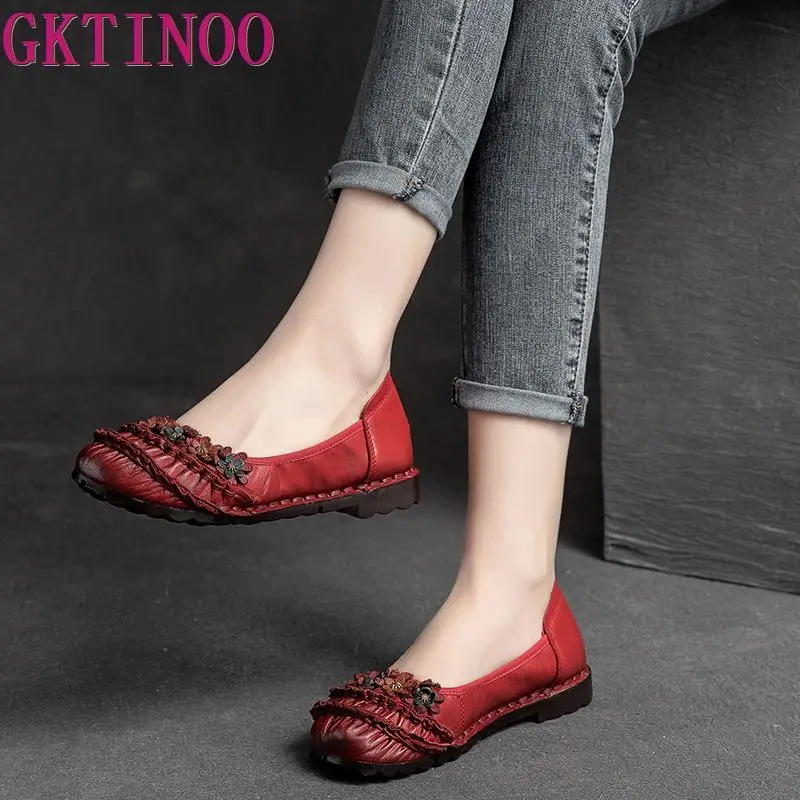 

GKTINOO/модные однотонные туфли на плоской подошве с круглым носком и цветочным узором; Коллекция 2022 года; Женская обувь ручной работы на плоск...