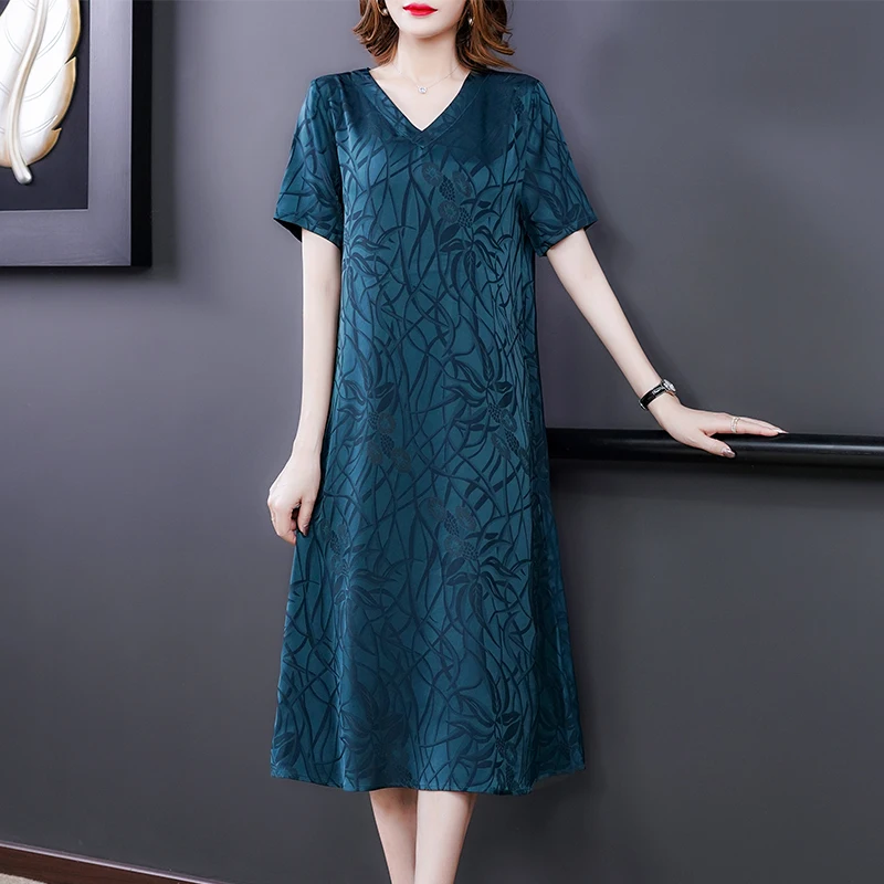 

Женские шелковые платья с коротким рукавом, новинка 2023, Летнее Длинное платье, женские Модные свободные платья из шелка тутового шелкопряда с цветочным принтом для мам