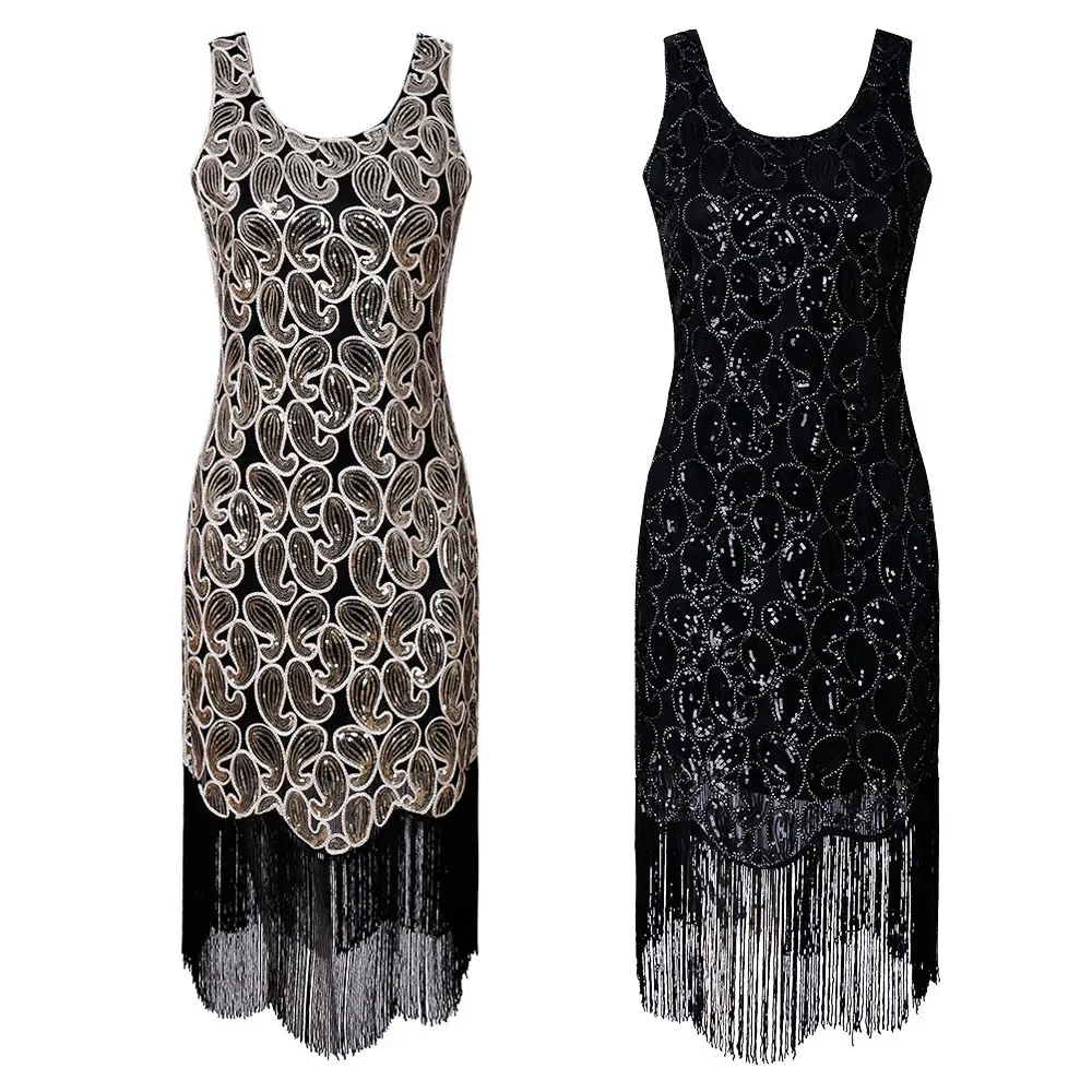 Flapper Dress Roaring 2023 Great Gatsby Costume Dress Fringed Sequin Dress Embellished Art Deco Dress