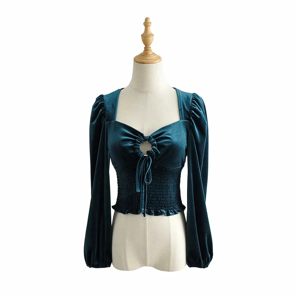 

2021 Autumn New Style European and American Womens French Retro Palace Style Square Collar Lantern Sleeve Fashion Lace-up Blouse