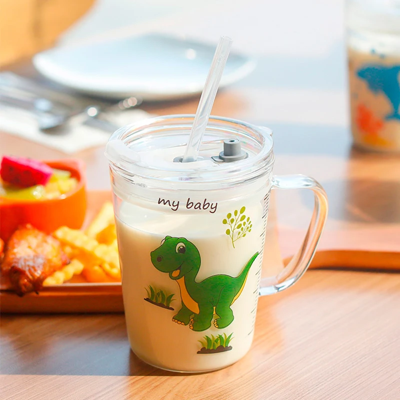 

Coffee Cup Children's Milk Cup Glass Home Cartoon Drinking Cup Breakfast Cup Straw Cup 450ml Mugs Child Sippy Cup Drinkware