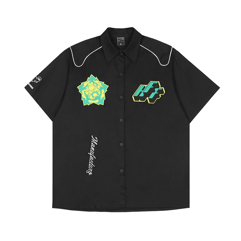 

Hip Hop Retro Embroidery Patchwork Short Sleeve Shirts for Men Lapel Summer Streetwear Casual Oversized Loose Hawaii Tops