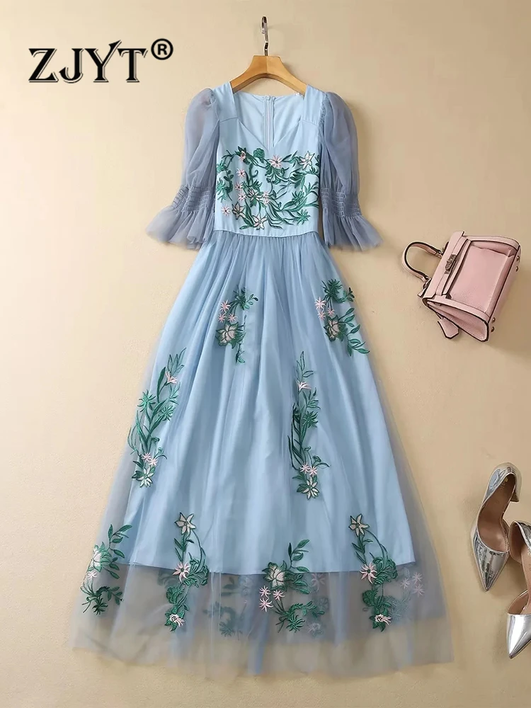 

ZJYT Summer Flower Embroidery Mesh Dresses for Women 2023 Luxury Elegant Blue Party Vestidos Feminino Long Maxi Prom Robe Femme