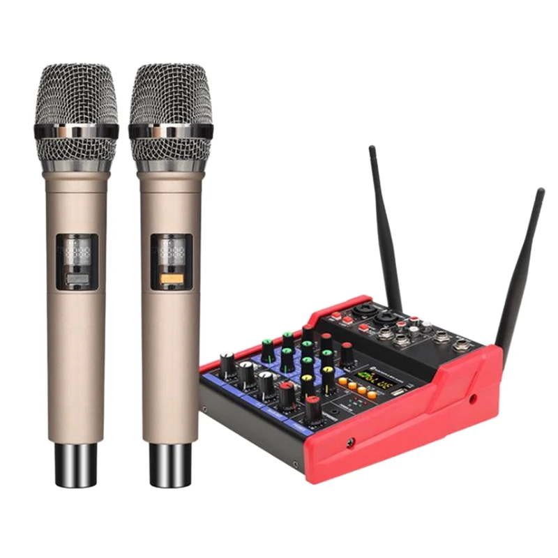

4 Channel Audio Mixer Console with Wireless Microphone Sound Mixing with Bluetooth USB Mini Dj Mixer+2 Wireless Karaoke