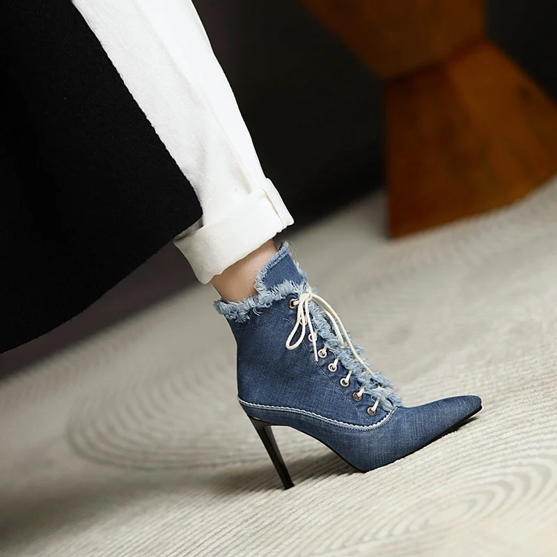 fashion punk retro street denim ankle boots for women European pop sexy pumps pointed toe zipper riding boots lace-up high heels
