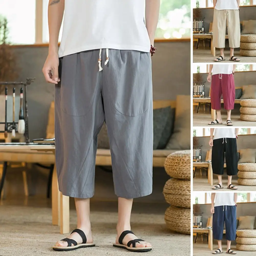 

Chinese Style Summer Men Linen Pants 2021 Men Wide Leg Trousers Male Drop Crotch HipHop Man Joggers Calf-Length Pants Track Pant