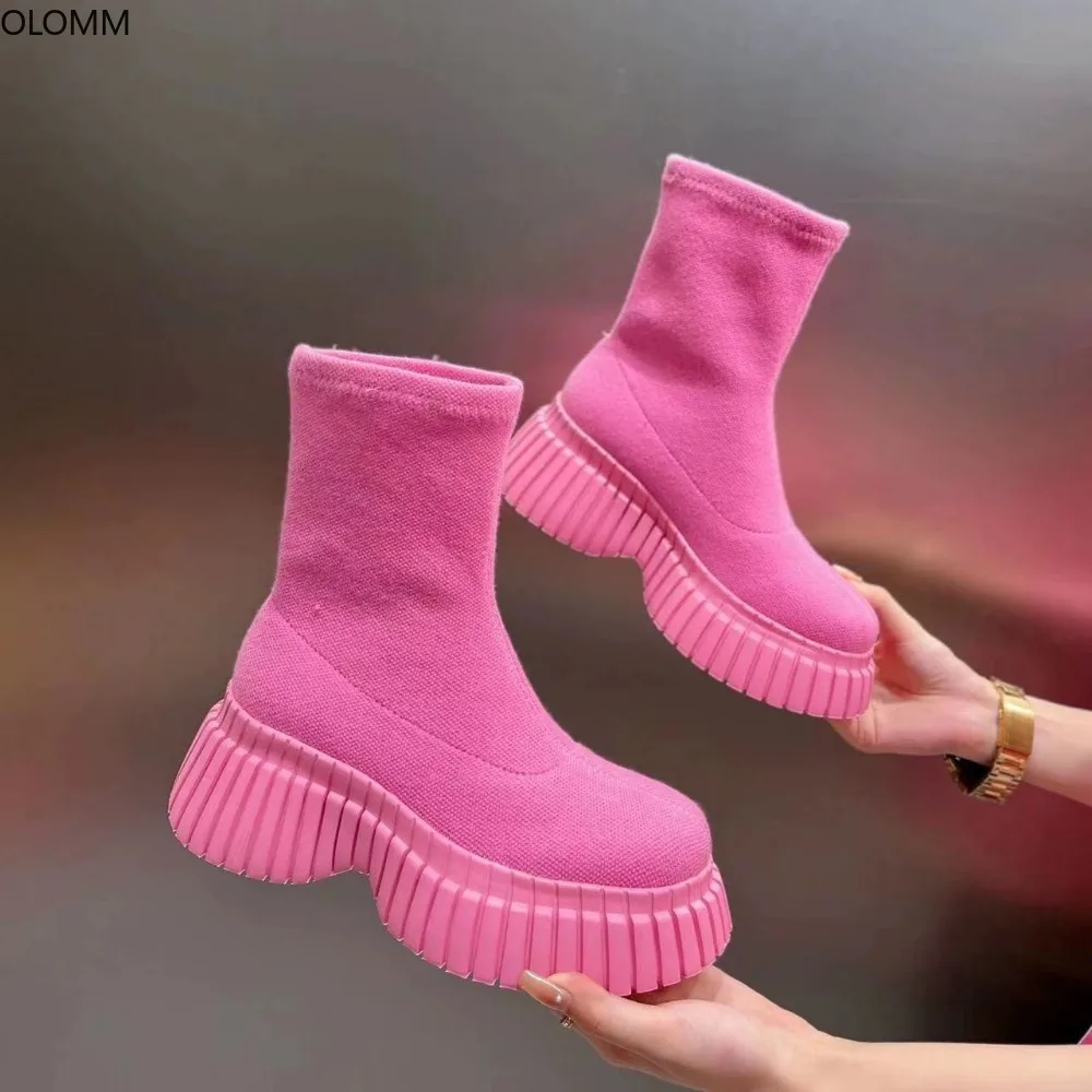 

Женские ботильоны с круглым носком, эластичные ботинки на платформе и высоком массивном каблуке, новинка 2023