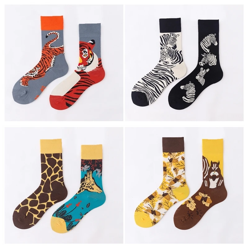 

Men's Socks Happy Animal Print Tiger Zebra Giraffe Squirrel AB Asymmetric High Quality Harajuku Women's Socks Funny Lovers Gift