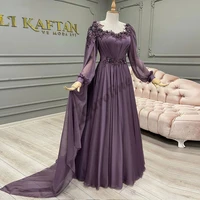 caroline purple elegant evening dress long sleeves appliques beads a line watteau train women prom gowns party custom made